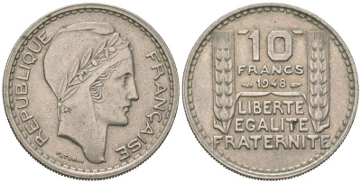 Франция 10 франков 1948 тип Пьер Турин KM 909.1, Le Franc 362.3 медно-никель 4582-251