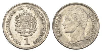 Венесуэла 1 боливар 1989 Симон Боливар, тонкий шрифт Y 52a.1 сталь плакированная никелем 4662-842