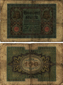 Германия 100 марок 1920 Бамбергский всадник, 8 цифр в номере, буква O Pick 69 b, Розенберг 69b бумага 8609-59-1