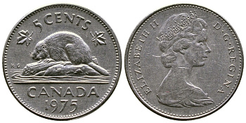 Канада 5 центов 1975 Елизавета II (1952-2022), бобр KM 60.1 никель 4175-751