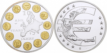 НИДЕРЛАНДЫ МЕДАЛЬ 2012 СЕРИЯ 10 ЛЕТ ЕВРО, ЦЕНТРАЛЬНАЯ МЕДАЛЬ С ИЗОБРАЖЕНИЕМ ВСЕХ СТРАН ЕВРОСОЮЗА, СЕРЕБРЕНИЕ, ПОЗОЛОТА, ДИАМЕТР 40 ММ., ПОХИЩЕНИЕ ЕВРОПЫ медно-никель PROOF 01-235-54