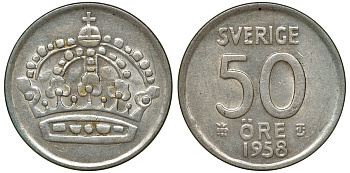 Швеция 50 эре 1958 T;S, Густав VI Адольф (1950-1973) KM 825 серебро 4179-1022