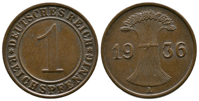 Германия 1 рейхспфенниг 1936 A KM 37, J. 313 бронза 220-146