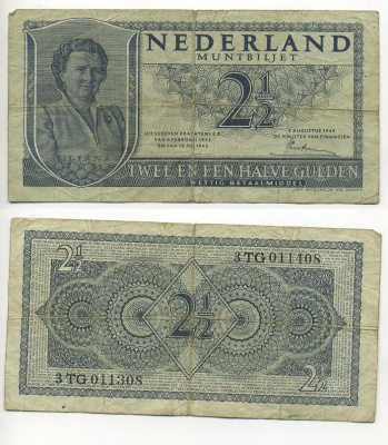 НИДЕРЛАНДЫ 2 1/2 ГУЛЬДЕНА 1949 8 АВГУСТА 1949, КОРОЛЕВА ЮЛИАНА Pick 73 бумага 6301-10-4