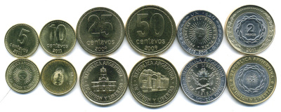 Аргентина лот из 6 монет 2009-2013 5, 10, 25, 50, 1, 2 реала биметалл UNC M79-09