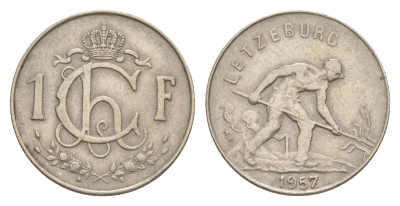 Люксембург 1 франк 1957 Шарлотта (1918-1964), сталевар KM 46.2 медно-никель 4643-529