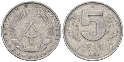 ГДР 5 пфеннигов 1968 A KM 9.1 алюминий 4625-227
