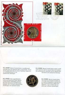 Нидерланды 1 экю 1998 Лебеди и пейзажи, в оригинальном конверте, с марками, первый день гашения X 231 медно-никель BU 4-3-8-20