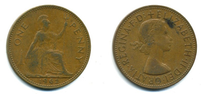 Великобритания 1 пенни 1962 Елизавета II (1952-2022) KM 897, Spink 4157 бронза 57-425