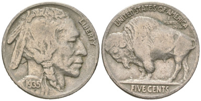 США 5 центов 1935 индеец, бизон KM 134 медно-никель 4614-1153