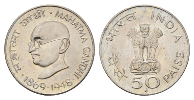 Индия 50 пайс 1969 100 лет со дня рождения Махатмы Ганди KM 59 никель 4654-745