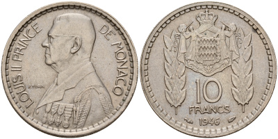 Монако 10 франков 1946 Луи II (1922-1949) KM 123 медно-никель 4601-955