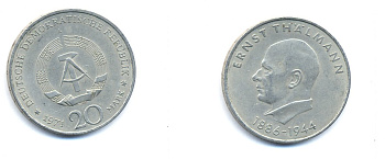 ГДР 20 марок 1971 A, 85 лет со дня рождения Эрнста Тельмана KM 34, J. 1535 медно-никель 3333-536