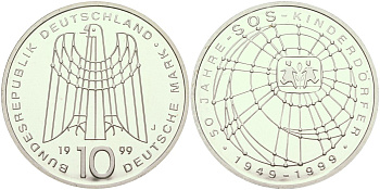 ФРГ 10 марок 1999 J, 50 лет организации защиты детей KM 198 серебро PROOF 04-137-12