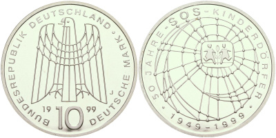 ФРГ 10 марок 1999 J, 50 лет организации защиты детей KM 198 серебро PROOF 04-137-12
