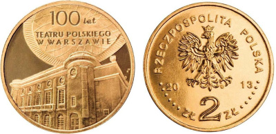 Польша 2 злотых 2013 MW, 100 лет польскому театру в Варшаве KM 854 нордик UNC 4514-126