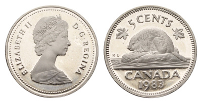 Канада 5 центов 1983 Елизавета II (1952-2022), бобр KM 60.2a никель PROOF 413-3241