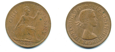 Великобритания 1 пенни 1966 Елизавета II (1952-2022) KM 897, Spink 4157 бронза 4383-735