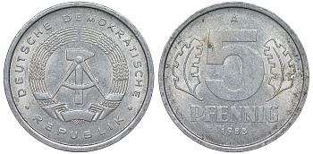 ГДР 5 ПФЕННИГОВ 1983 A КМ 9.2 алюминий 62-446