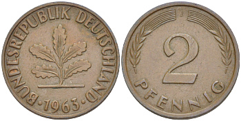 ФРГ 2 ПФЕННИГА 1963 J KM 106, J. 381 бронза 4181-736