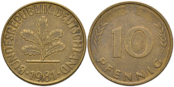 ФРГ 10 ПФЕННИГОВ 1981 F KM 108, J. 383 сталь плакированная латунью 75-647