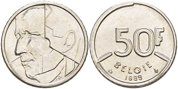 БЕЛЬГИЯ 50 ФРАНКОВ 1989 BELGIE, БОДУЭН I (1951-1993) KM 169 никель 4383-933