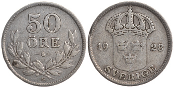 Швеция 50 эре 1928 W, Густав V (1907-1950) KM 788 серебро 4179-935