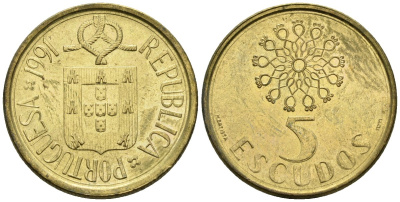 Португалия 5 эскудо 1991 KM 632 никель латунь 4148-456