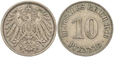 ГЕРМАНИЯ 10 ПФЕННИГОВ 1913 A KM 12, J. 13 медно-никель 33-651