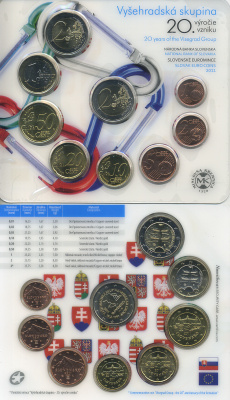 Словакия евронабор из 8 монет + 2 евро Словакия 2011 20 лет Вышеградской группе, в пластиковой запайке и оригинальном картонном буклете UNC 1-4-2-17