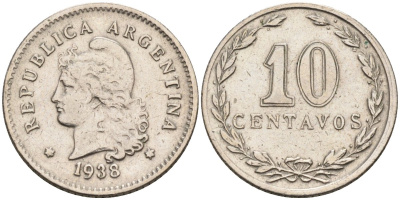 Аргентина 10 сентаво 1938 голова Свободы влево KM 35 медно-никель 4594-345