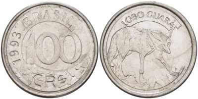 БРАЗИЛИЯ 100 КРУЗЕЙРО РЕАЛ 1993 РЕФОРМА 1993-1994, ВОЛК KM 630 нержавеющая сталь 4388-351