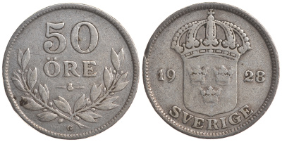 Швеция 50 эре 1928 W, Густав V (1907-1950) KM 788 серебро 4179-935