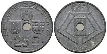 БЕЛЬГИЯ 25 САНТИМОВ 1943 BELGIE-BELGIQUE, ГЕРМАНСКАЯ ОККУПАЦИЯ, ВТОРАЯ МИРОВАЯ ВОЙНА KM 132 цинк 4384-1014