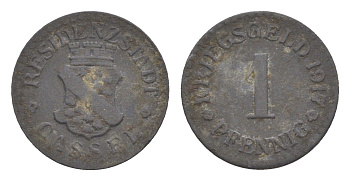 Кассель 1 пфенниг 1917 Funck 78.1, Men05 4302.1, Men18 5464.1 цинк 4636-1234