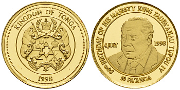 Тонга 10 паанга 1998 80 лет королю Тауфаахау Тупоу IV KM 172 золото PROOF 00-000
