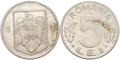 Румыния 5 лей 1992 KM 114 сталь плакированная никелем 219-1252