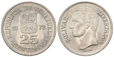 Венесуэла 25 сентимо 1978 Симон Боливар KM 50.1 никель aUNC 4611-449