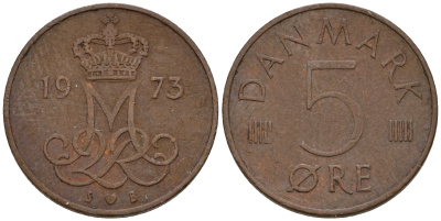 Дания 5 эре 1973 S; B, Маргрете II (1972- ) KM 859.1 железо плакированное медью    4602-711