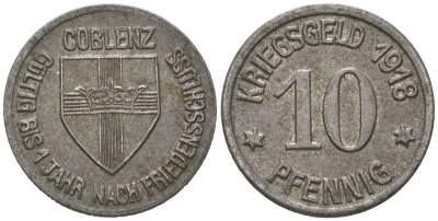 Кобленц 10 пфеннигов 1918 Funck 80.1A, Men05 4526.1, Men18 5727.1 железо 99-431