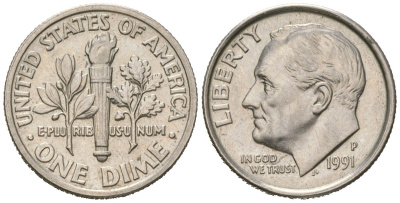 США 10 центов (дайм) 1991 P, президент Рузвельт KM 195a медь плакированная медно-никелем UNC 218-121