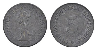 Оберграйнау в Унтерграйнау 5 пфеннигов 1917 Funck 389.1, Men18 24354.1 цинк 4516-328