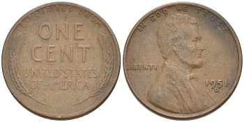 США 1 ЦЕНТ 1951 D, ЛИНКОЛЬН KM А132 медь цинк 218-239