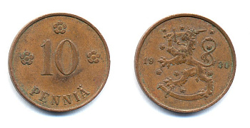 Финляндия 10 пенни 1930 республика (1918-1962) KM 24 медь 51-5324