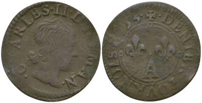 ФРАНЦИЯ, НЕВЕЛЬ И РЕТЕЛЬ ДЕНЬЕ ТУРНУА 1553 ШАРЛЬ II ДЕНЕВЕР (1609-1631) KM 47 медь 99-967