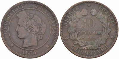 ФРАНЦИЯ 10 САНТИМОВ 1874 K, ТРЕТЬЯ РЕСПУБЛИКА (1871-1940) KM 815.2, LA FRANC 135.13 бронза 97-612