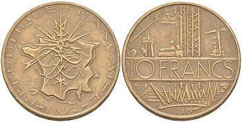 Франция 10 франков 1984 тип Матье KM 940, Le Franc 365.23-24 никель латунь 111-1022