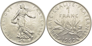 ФРАНЦИЯ 1 ФРАНК 1960 СЕЯТЕЛЬ KM 925.1, LE FRANC 226.4 никель 175-513