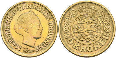 Дания 20 крон 1990 Маргрете II (1972-) КМ 871 алюминиевая бронза    4168-126