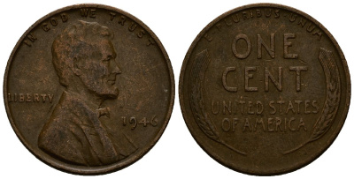 США 1 цент 1946 Линкольн KM A132 медь цинк 4164-851